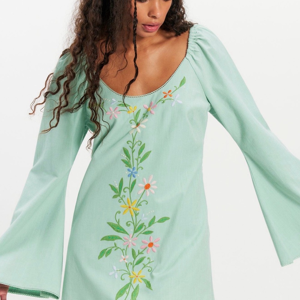 Free People Mint Floral-Embroidered Long Sleeve Dress